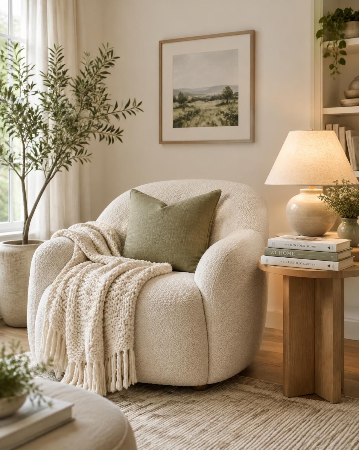 A cream boucle armchair with a knit throw and sage cushion beside a softly glowing lamp