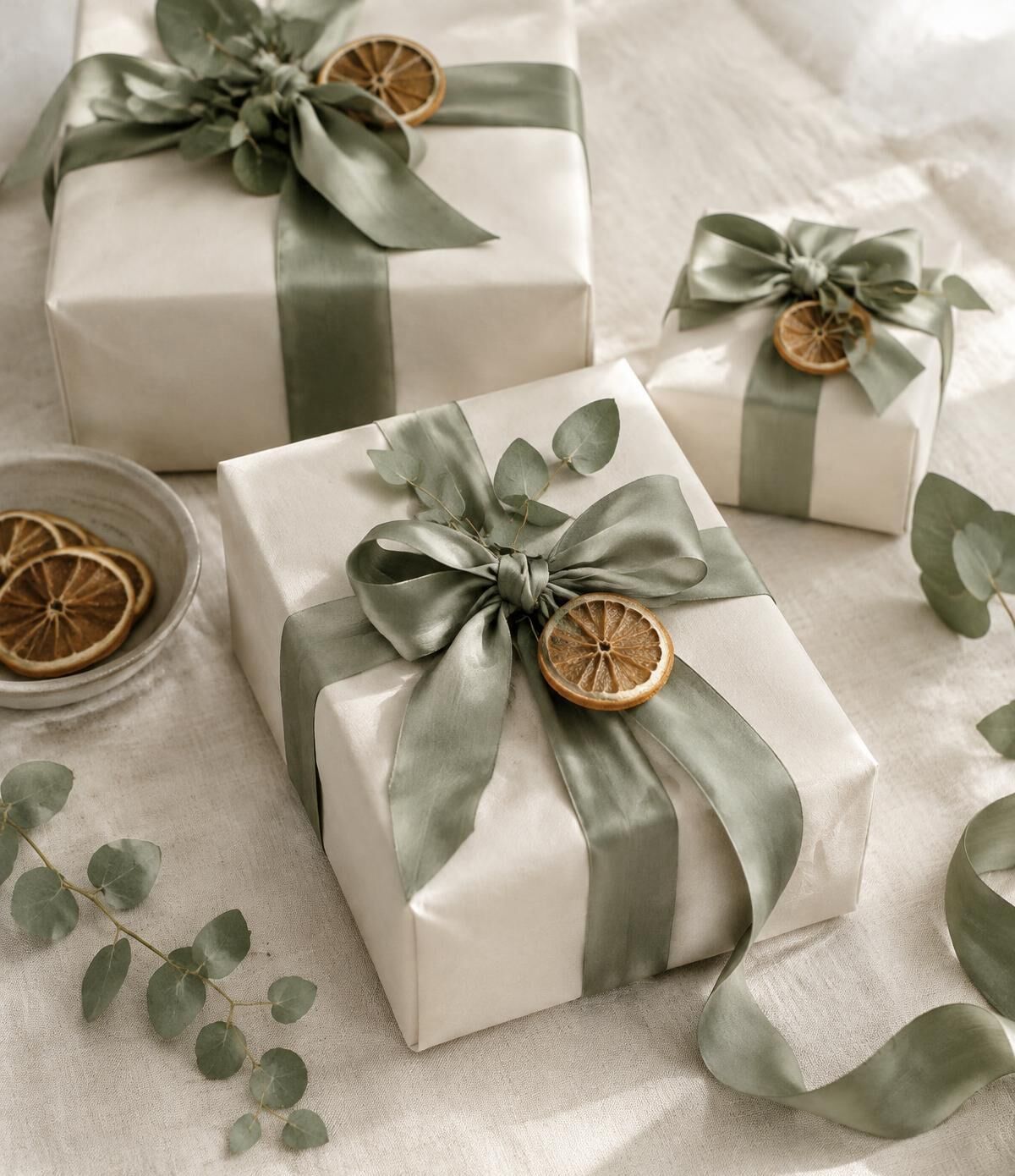 Cream-wrapped gifts tied with sage ribbon beside eucalyptus and dried orange slices