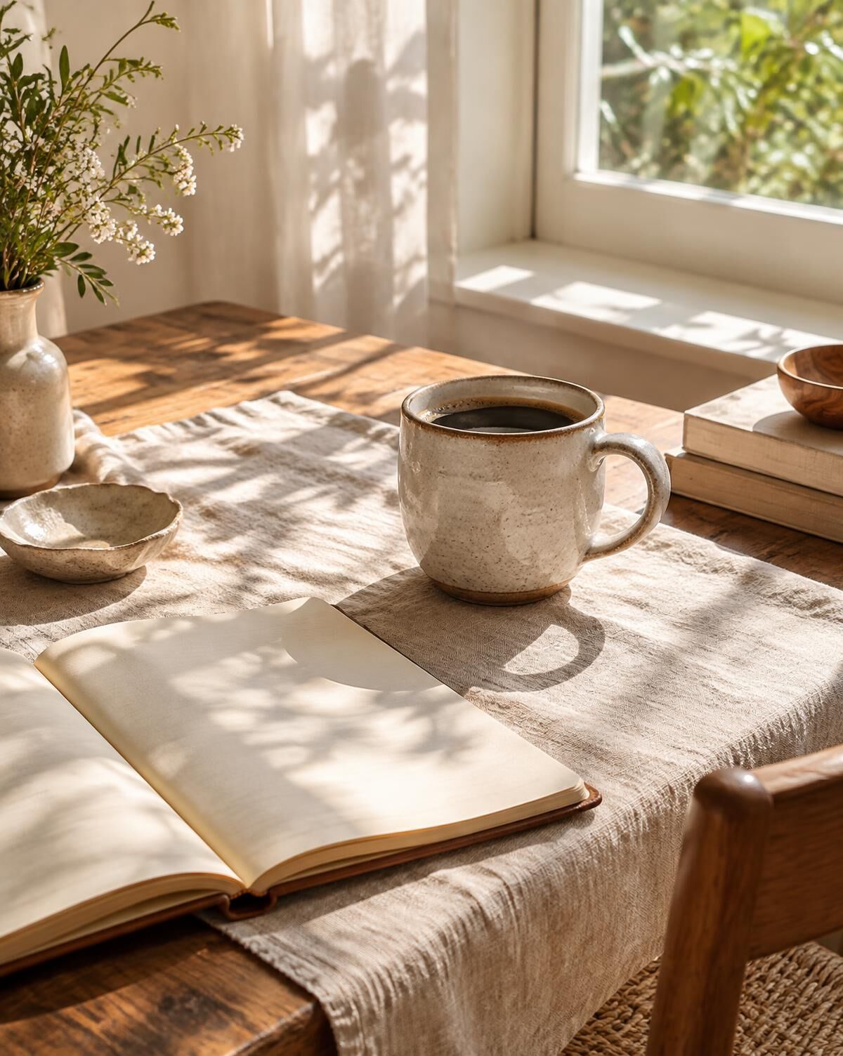 A ceramic mug of coffee on a linen table in soft morning sunlight