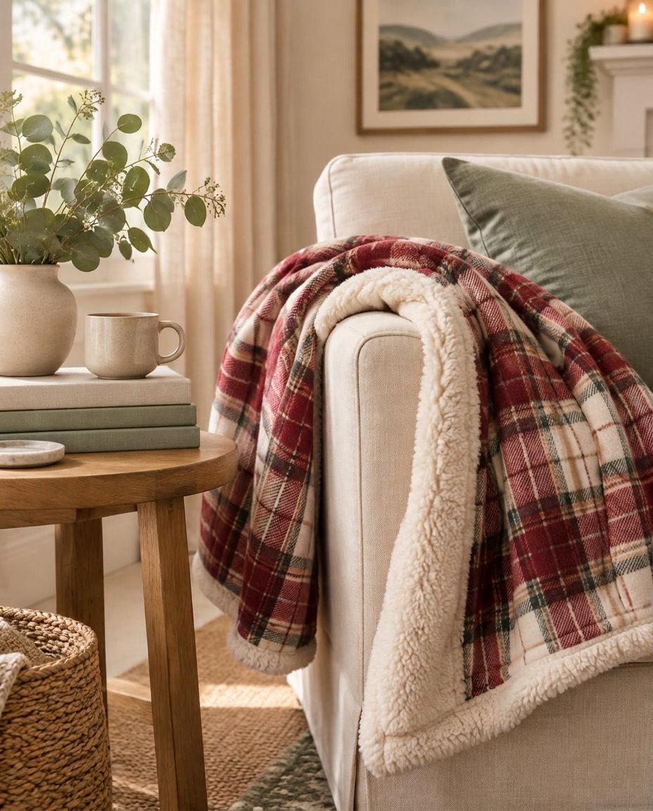 A red plaid wrap with cream sherpa lining draped over a cream linen armchair beside a sage cushion and eucalyptus