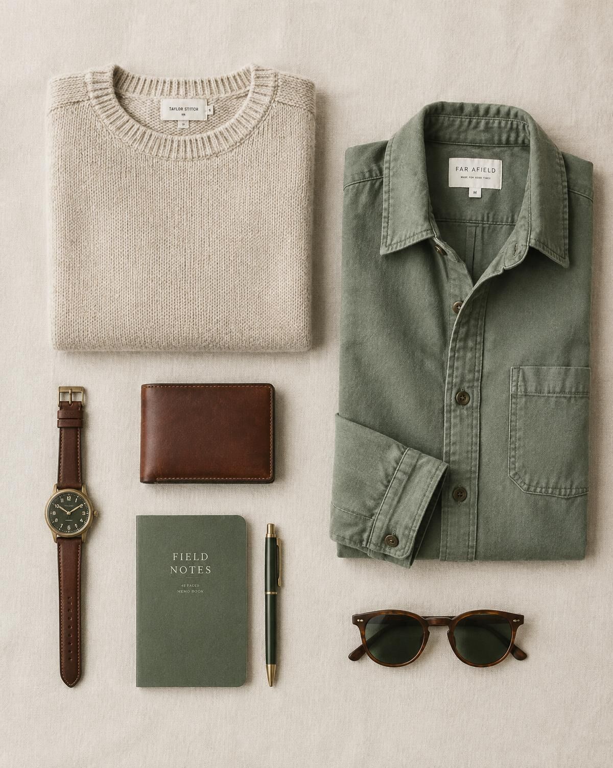 A menswear flat-lay of an oatmeal sweater, sage overshirt, leather watch, wallet, notebook and sunglasses
