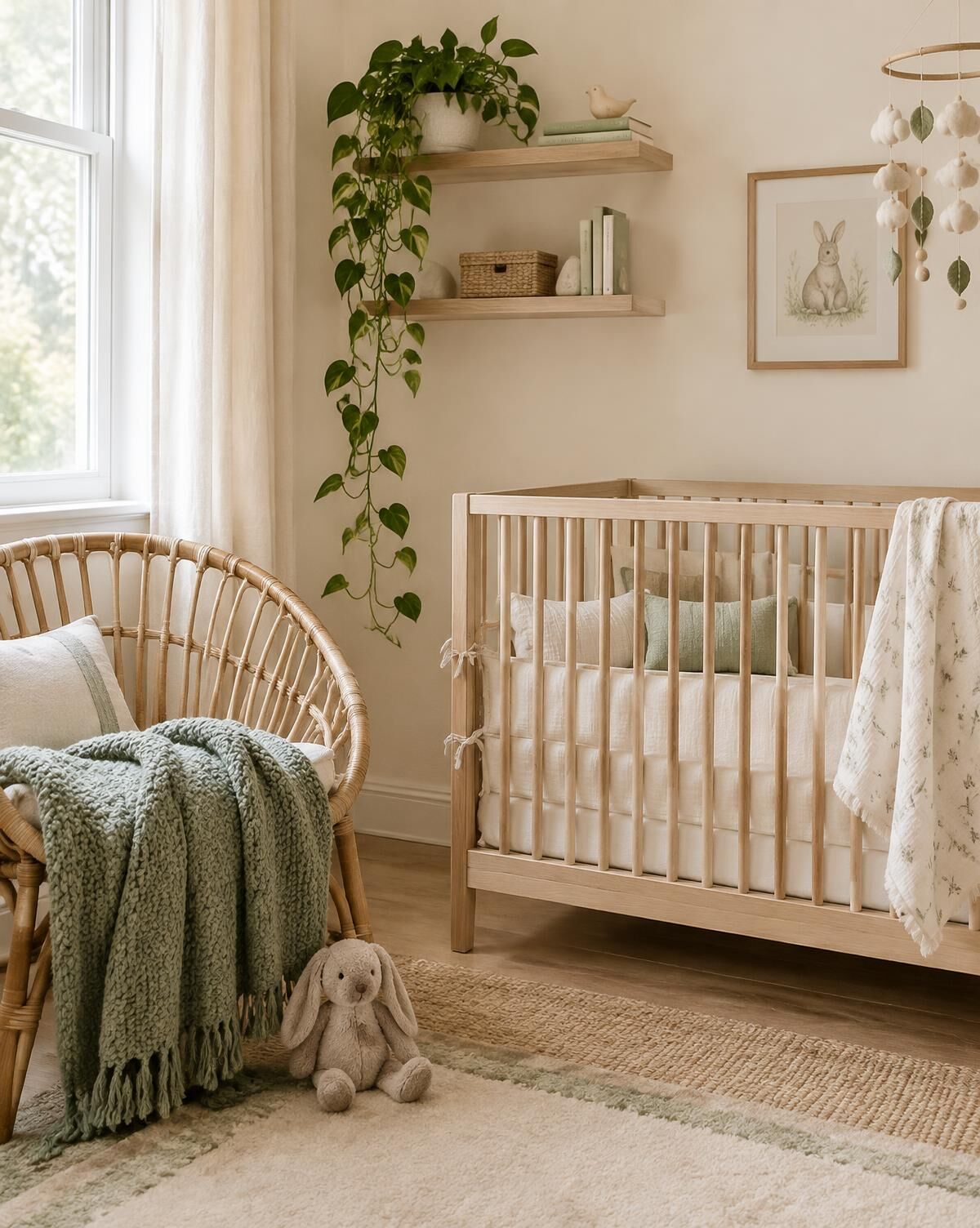 A calm nursery corner with a light wood crib, a rattan chair, a sage knit blanket and a plush bunny