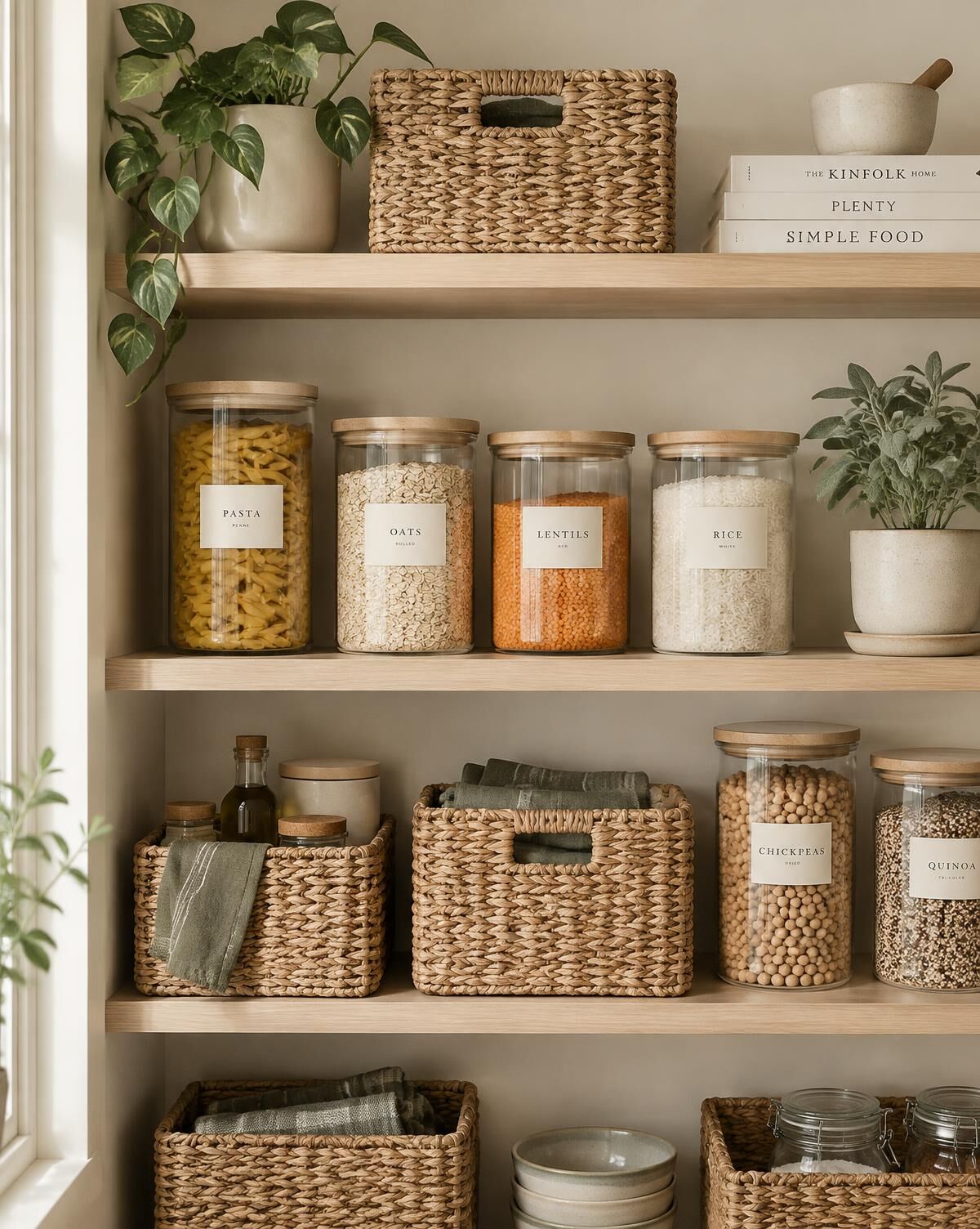 An organized pantry shelf with labeled glass jars of pasta, oats, lentils and rice beside woven baskets
