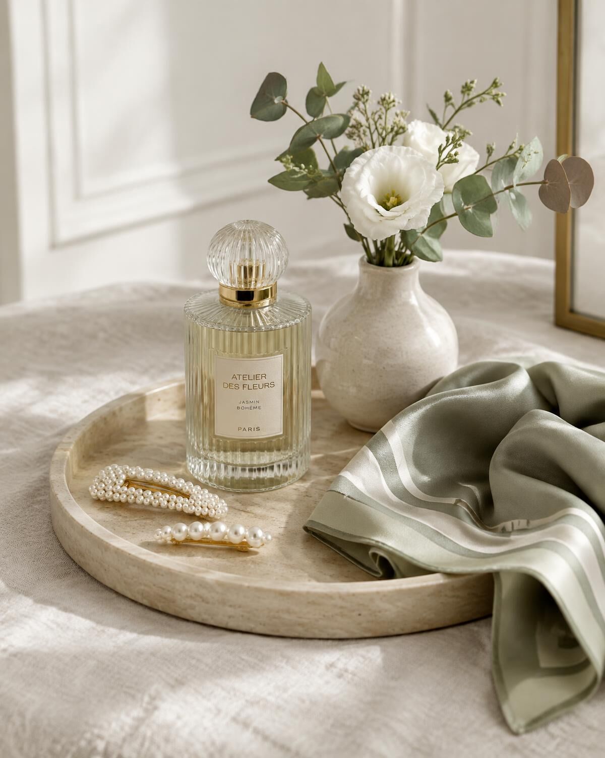 A travertine tray with a ribbed glass perfume bottle, pearl hair clips, a sage silk scarf and white flowers